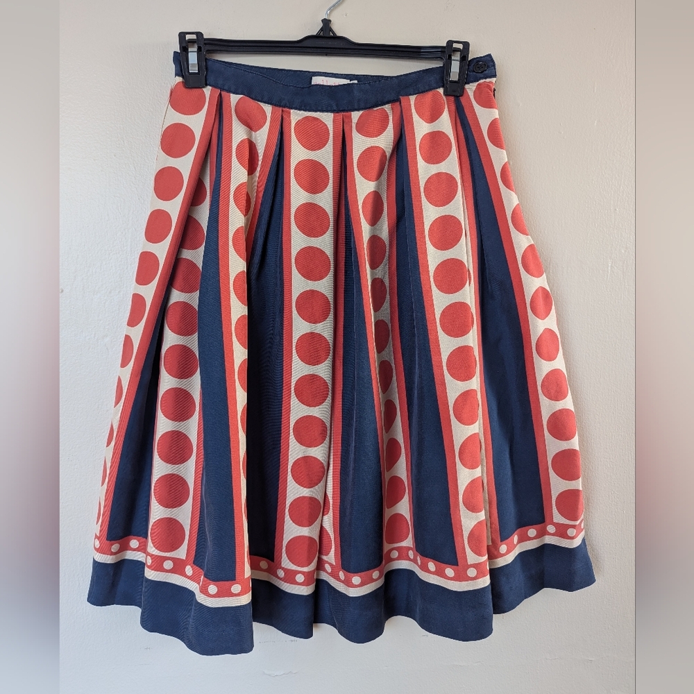 Collette 100% Silk Polka Dot Skirt, Navy, Red, & Cream (SIZE XS)